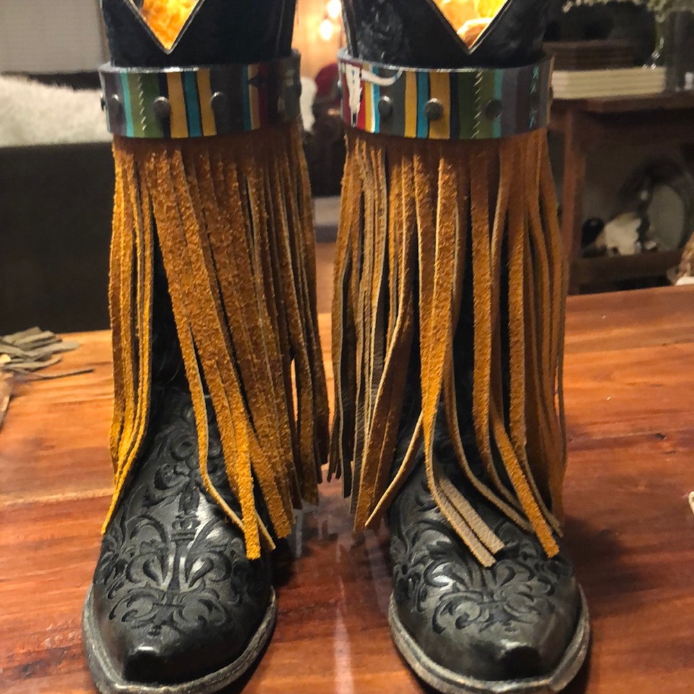 Hand crafted leather fringe boot cuff one of a kind by Wildflower Leatherworks